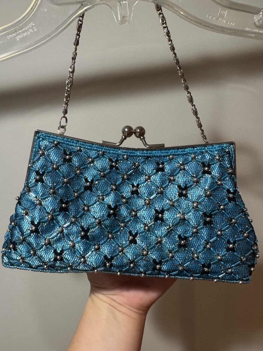 Perfect Condition Vintage Blue Beaded Evening Clutch with Metallic Kiss-Lock